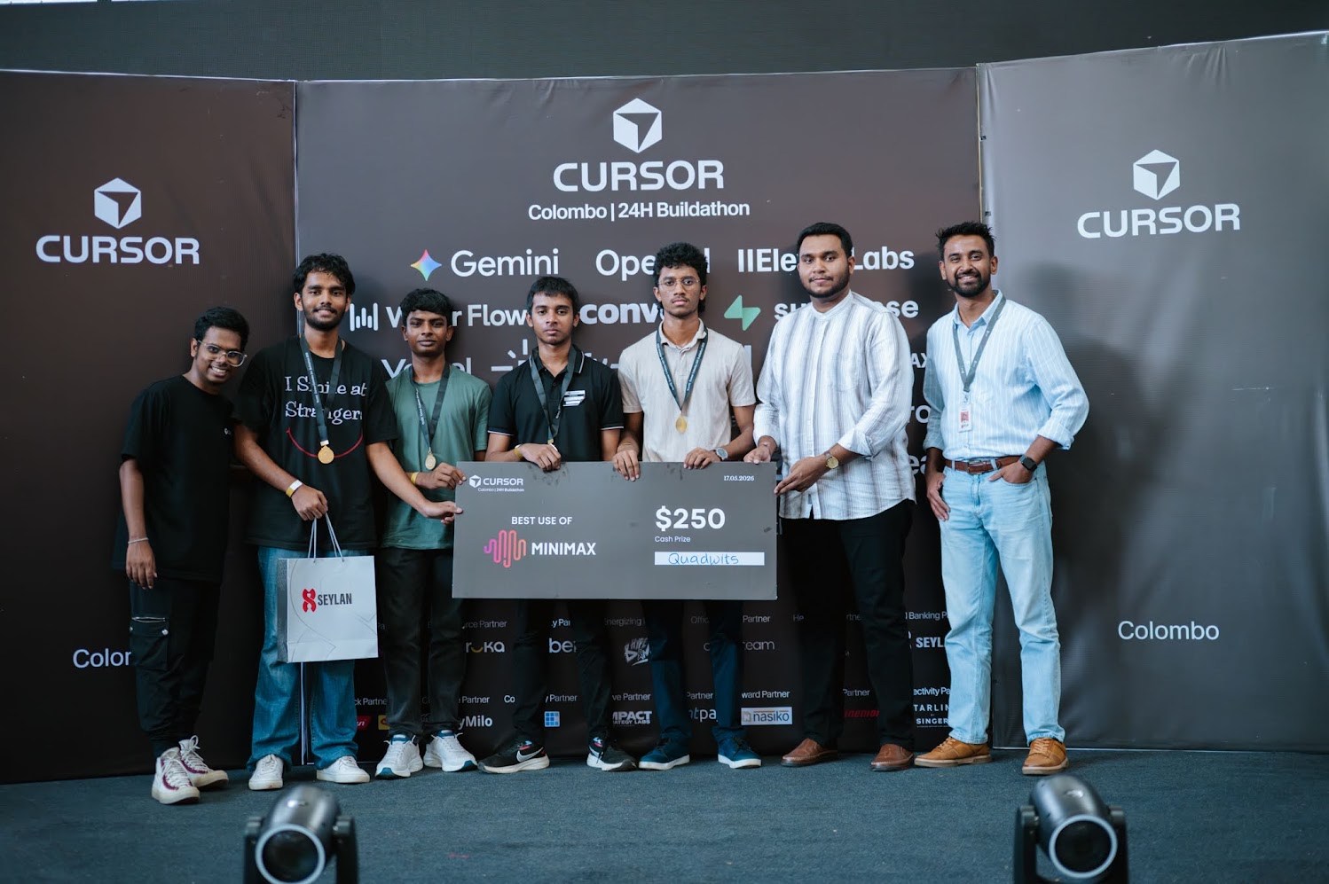 Quadwits receiving the Best Use of MiniMax award at the Cursor Colombo 24H Buildathon