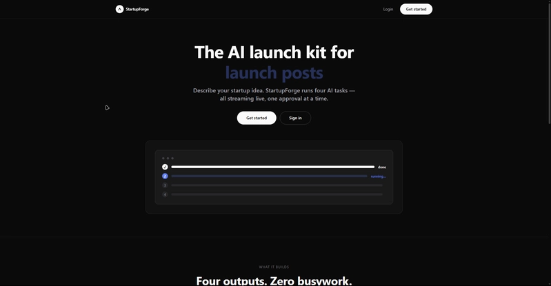StartupForge AI launch kit homepage for the Hermes Agent Challenge